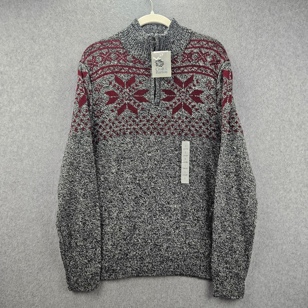 CROFT & BARROW | Mens Large 1/4 Zip Sweater Fair Isle Snowflake Gray Burgundy